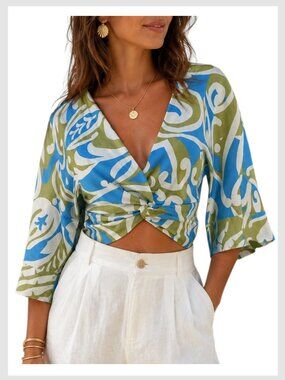 Zara Linen Blend Knot Front Crop Top Blue Green Print XS